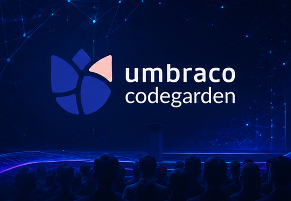 Illustration of the Umbraco Codegarden conference featuring a keynote stage, audience, and digital network graphics representing innovation and the future of Umbraco CMS.